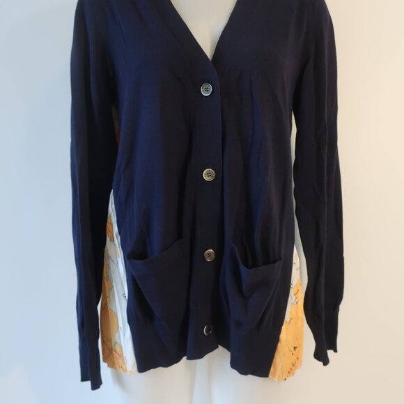 Women Sacai Navy Multicolor World Map Mixed Media Knit V-Neck Cardigan Sweater L - Picture 4 of 11